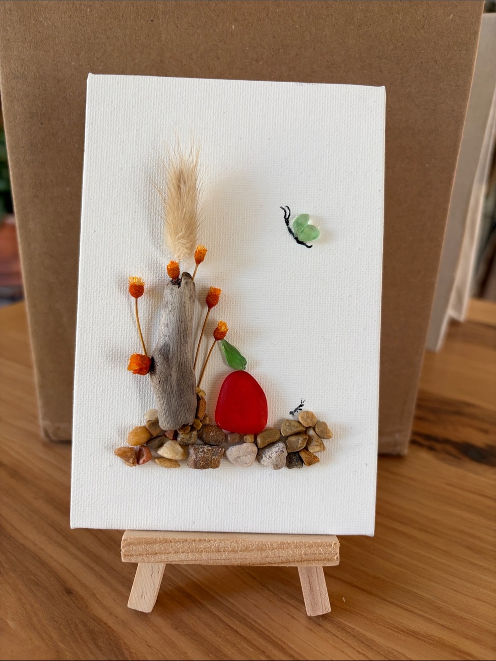 Handcrafted White Canvas Driftwood & Sea Glass Art - Red Accent